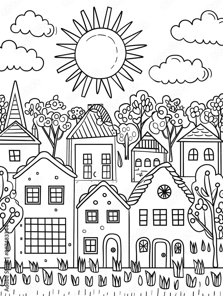 coloring page for kids, a cute sun over village houses