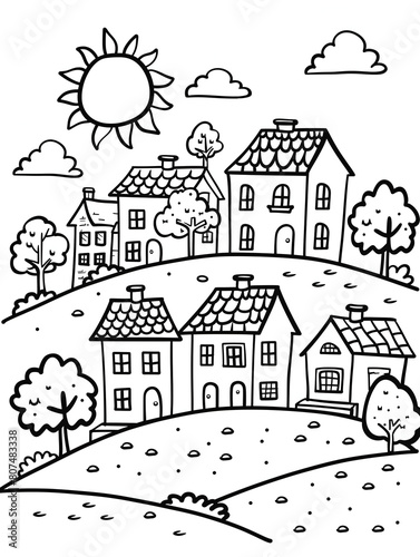 coloring page for kids, a cute sun over village houses
