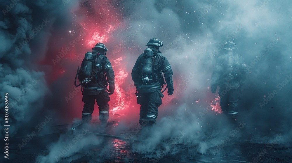 A group of firefighters working in sync to extinguish a raging blaze, surrounded by billowing smoke A group of firefighters working in sync to extinguish a raging blaze, surrounded by billowing smoke