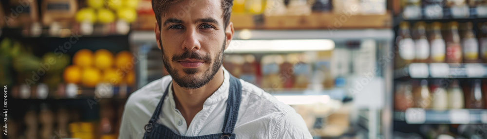Obraz premium A male commercial cleaner in coveralls tidies the windows and storefront display windows of a shop using specialized tools.