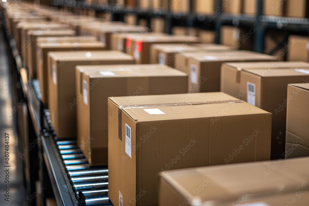 Fototapeta premium Arranging packing boxes inside shipping containers for transportation logistics