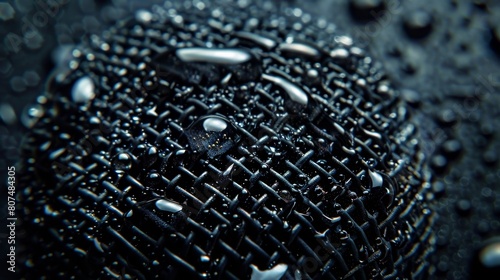 Close-up of an old microphone during cleaning, water drops glistening on the surface, emphasizing hygiene in a studio setting photo