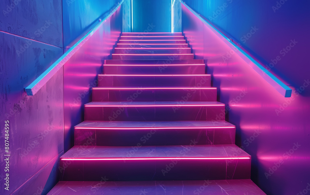 The stairs were adorned with vibrant neon lights, casting a colorful glow throughout the room. The stairs were adorned with vibrant neon lights, casting a colorful glow throughout the room.