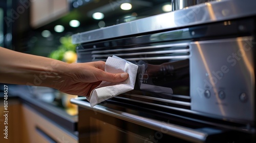 Close-up action shot of a white paper napkin wiping a glossy black microwave door, showcasing routine kitchen cleaning photo
