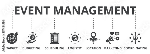 Event management concept icon illustration contain target, budgeting, scheduling, logistic, location, marketing and coordination.