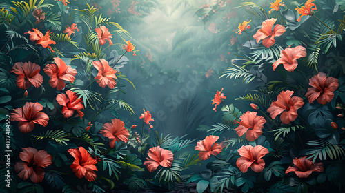 Tropical Jungle with Vibrant Flowers Exotic Foliage Background, Generative Ai