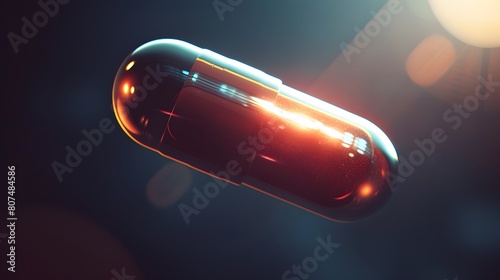 A pill is shown in a dark background with a bright light shining on it