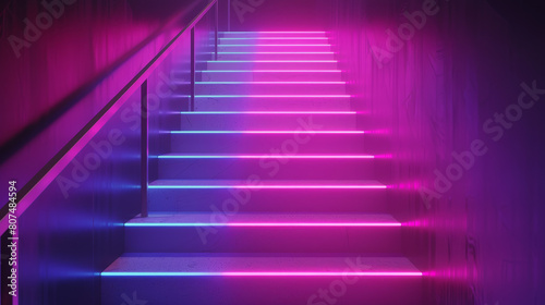 A stairway illuminated by neon lights