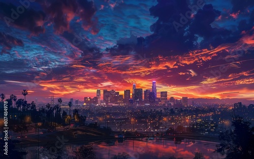Downtown LA night Los Angeles sunset colorful California skyline very beautiful illustration