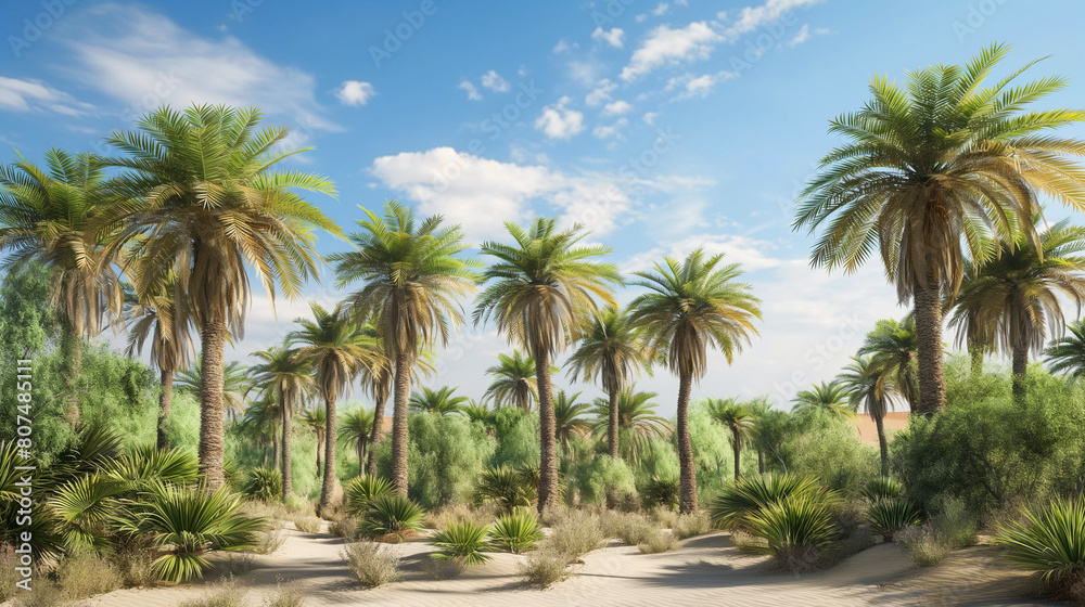 Cluster of palm trees in a lush desert oasis