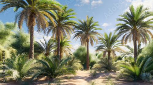 Cluster of palm trees in a lush desert oasis