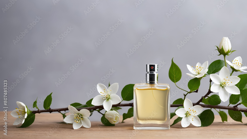 Mockup of a glass perfume bottle with flowers