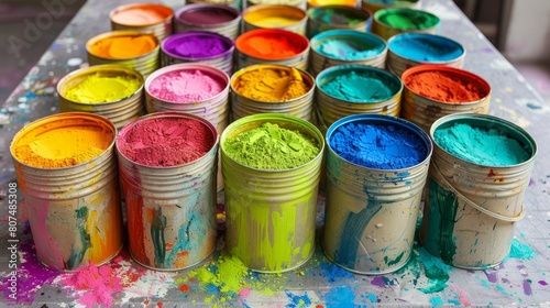 Artistic display of Holi festival colors in open paint cans, a rainbow of powdered pigments inviting joyful expression