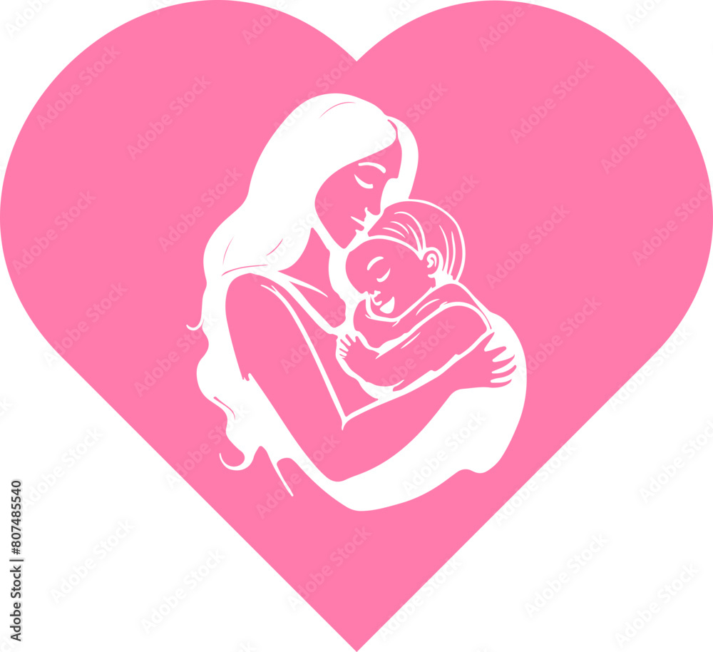 Silhouette of a mother with her son inside a pink heart Silhouette of a mother with her son inside a pink heart