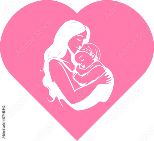 Silhouette of a mother with her son inside a pink heart