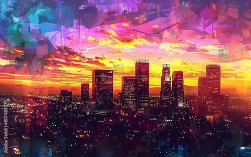 Downtown LA night Los Angeles sunset colorful California skyline very beautiful illustration