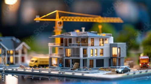 A model of a house with a crane in the background. The house is surrounded by a small town with a truck and a car. Scene is that of a construction site or a model town