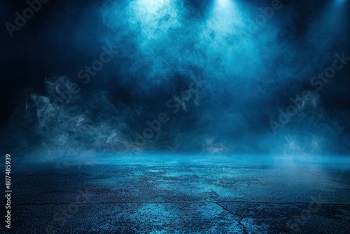 Dark street  asphalt abstract dark blue background  empty dark scene  neon light  spotlights The concrete floor and studio room with smoke float up the interior texture for - generative ai