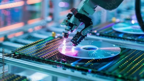 Robotic arm handling silicon wafers in a semiconductor and computer chip manufacturing line at a fab or foundry. photo