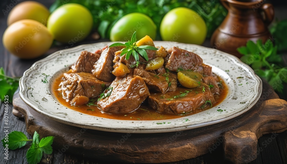Traditional Georgian Cuisine: Chakhokhbili Stew with Herbs and Green Plums 