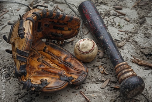 Baseball Equipment: Glove, Ball, and Bat on the Field