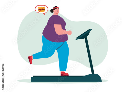 Woman do exercise on treadmill while avoiding fast food. Diet vector illustration