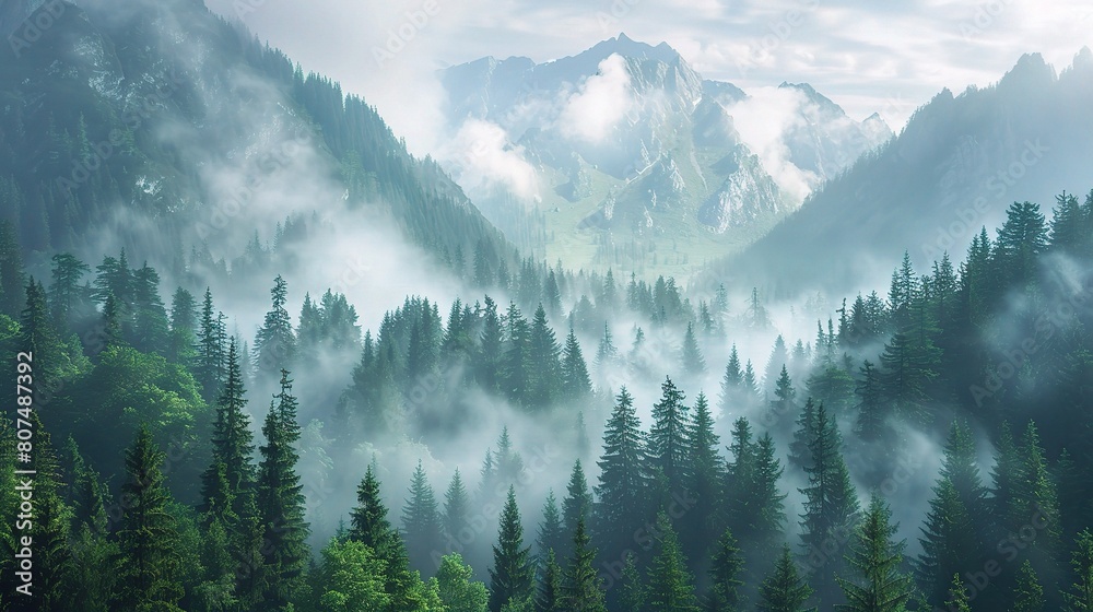 A majestic forest mountain landscape shrouded in mist, with rugged peaks piercing through the clouds A majestic forest mountain landscape shrouded in mist, with rugged peaks piercing through the clouds