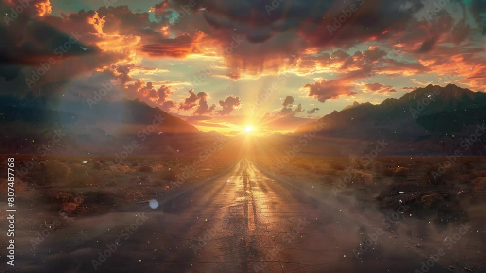 straight road in the middle of the desert with magnificent . seamless looping overlay 4k virtual video animation background