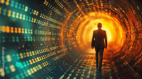 Digital Odyssey: Back View of a Businessman Walking Through a Tunnel Made of Binary Data in a Psychedelic Setting, technology in business concept