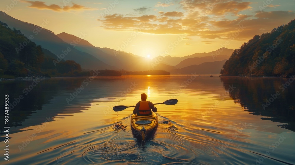 Sunset Serenity: Kayaker Paddling Through a Peaceful Mountain Lake Sunset Serenity: Kayaker Paddling Through a Peaceful Mountain Lake