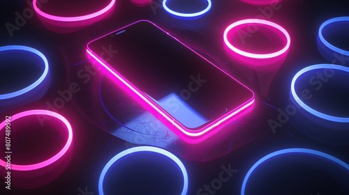 3D render of a smartphone with glowing neon light in an abstract background on a black isolated background. photo