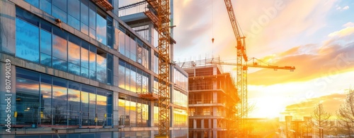Photo of a new office building construction site. Steel frame structure, concrete walls, cranes, and workers in the background. photo