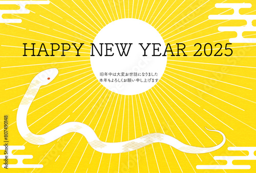 2025年巳年年賀状、初日の出と白蛇、年賀はがき素材