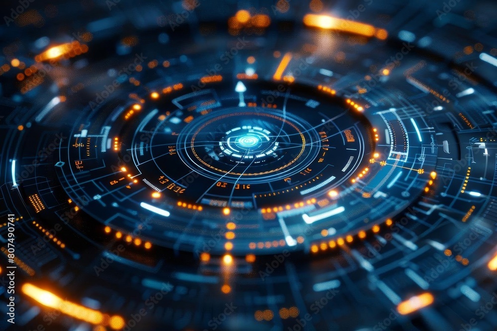 Blue and orange glowing futuristic circuit board with a glowing blue core.