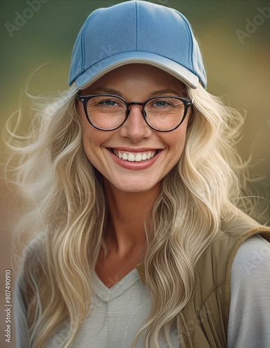 Mujer rubia con lentes y  gorra (1). photo