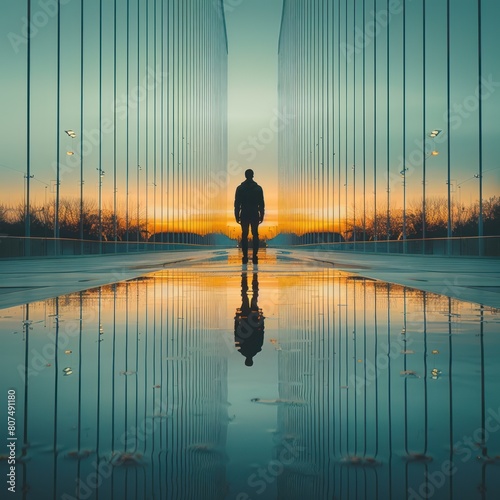 A man appears in silhouette standing tall in the middle of a suspension bridge, a man of individualism, introversion and looking for peace in the afternoon photo