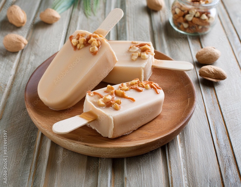 Homemade ice cream popsicles with caramel and peanuts on a wooden table