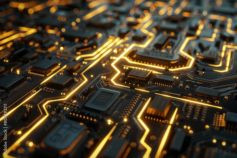 The image shows a close-up of a computer circuit board with glowing orange lines. The image shows a close-up of a computer circuit board with glowing orange lines.