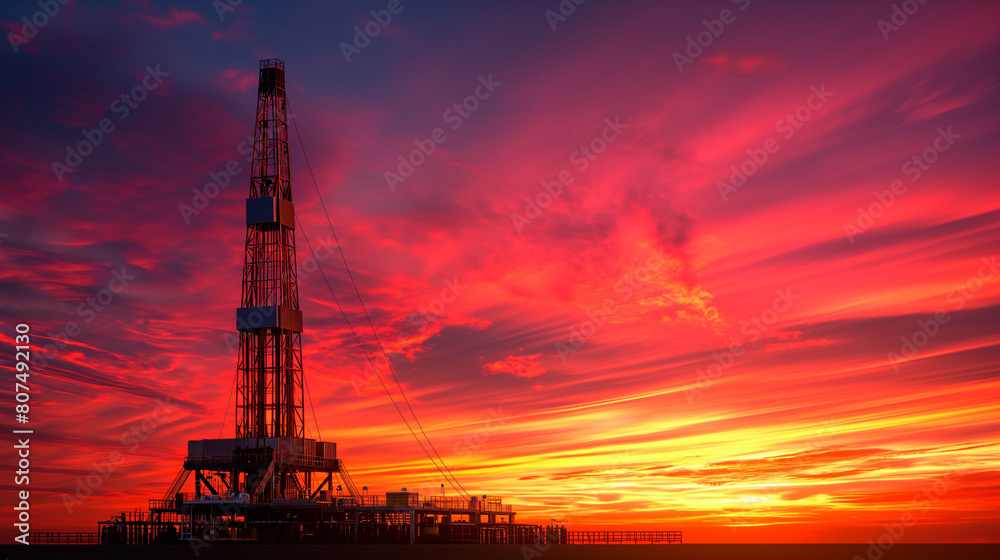 Silhouette drilling rig at sunset in an oilfield