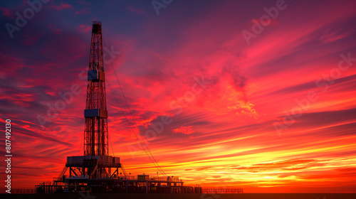 Silhouette drilling rig at sunset in an oilfield photo