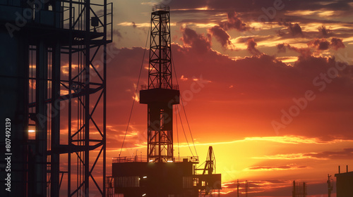 Silhouette drilling rig at sunset in an oilfield