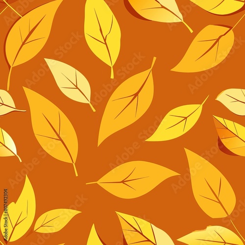 Seamless pattern of golden leaves drifting in the breeze against a warm orange backdrop, Generative AI