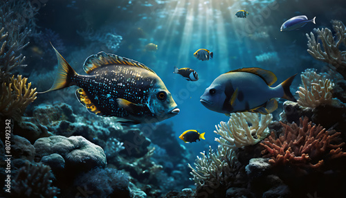 Tropical sea underwater fishes on coral reef. Aquarium oceanarium wildlife colorful marine panorama landscape nature snorkeling diving	
 photo
