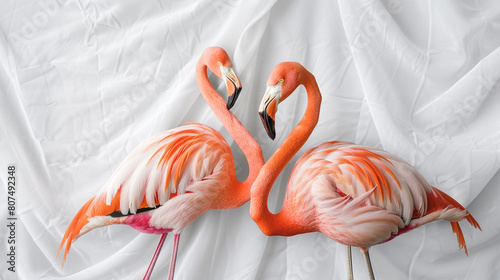 A pair of graceful flamingos stand against a white backdrop, their vibrant pink feathers glowing in the sunlight photo