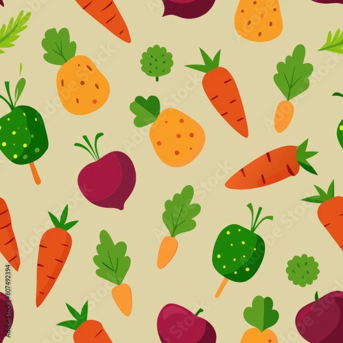 Seamless pattern of harvest vegetables like carrots, beets, and potatoes arranged in a farmer's market display, Generative AI