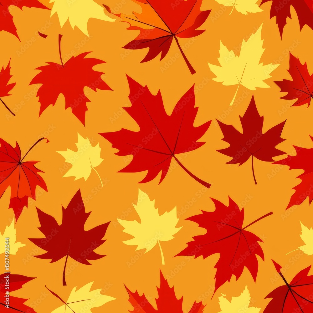 Seamless pattern of maple leaves in shades of red, orange, and yellow swirling in a gentle autumn wind, Generative AI