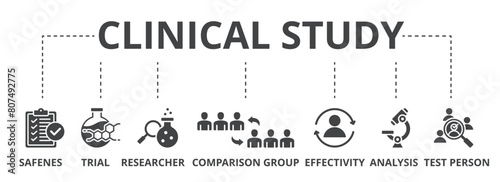 Clinical study concept icon illustration contain safeness, trial, researcher, comparison group, effectivity, analysis and test person. photo