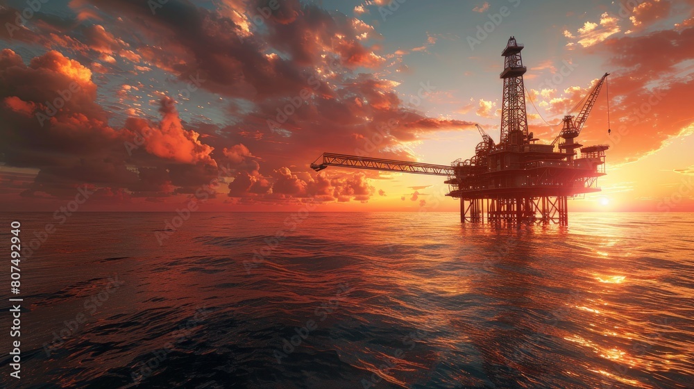 Oil and gas platform in the ocean at sunrise or sunset with beautiful sky.