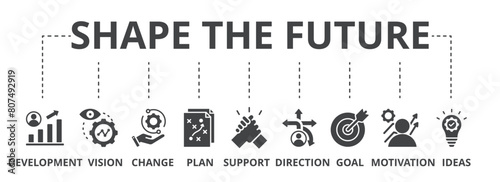 Shape the future concept icon illustration contain development, vision, change, plan, support, direction, goal, motivation and ideas.