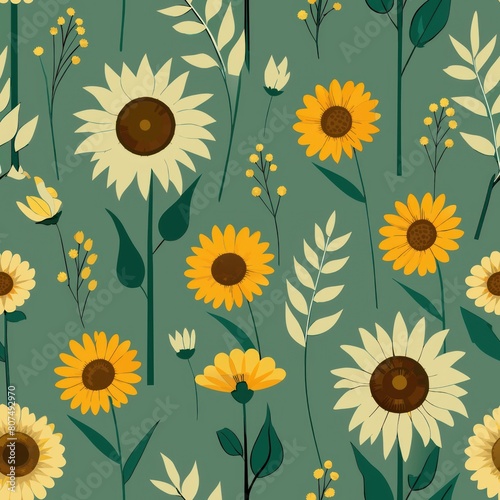 Seamless pattern of sunflowers and daisies blooming in a field of tall grasses and wildflowers, Generative AI